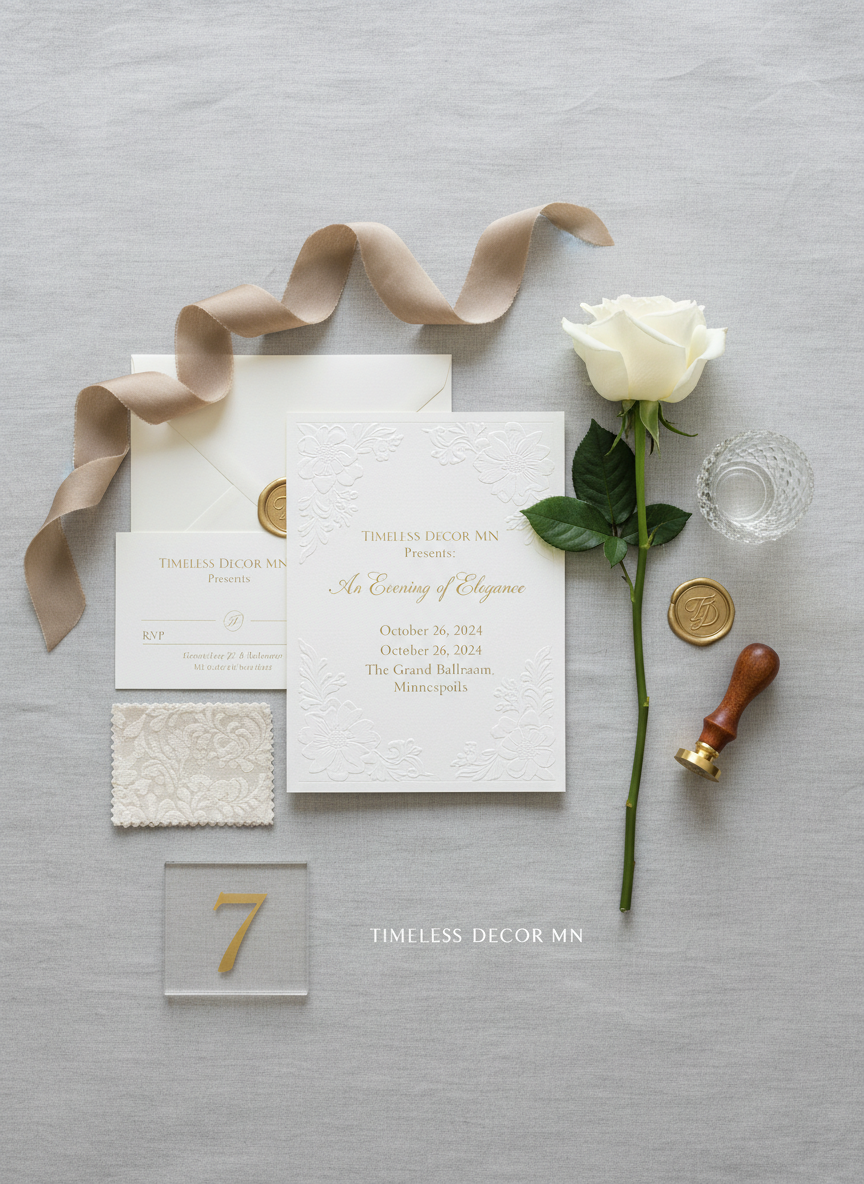 A styled flatlay of luxury event décor details curated by Timeless Decor MN, arranged on a soft dove-gray linen backdrop. At the center lies an ivory letterpress invitation suite with blind-debossed floral motifs and gold foil text, flanked by a silk ribbon in a muted champagne tone. Beside it, a single long-stem white rose, a gold wax seal stamp, and a delicate crystal votive holder catch the light. A small swatch of textured ivory fabric and a miniature acrylic table number add dimension. Soft, diffused top lighting creates gentle, even illumination with minimal shadows. Photographic realism captured from a true overhead bird’s-eye view, with a carefully balanced composition that feels editorial yet understated. The mood is refined, calm, and exquisitely detailed, reflecting a sophisticated Minneapolis event brand.