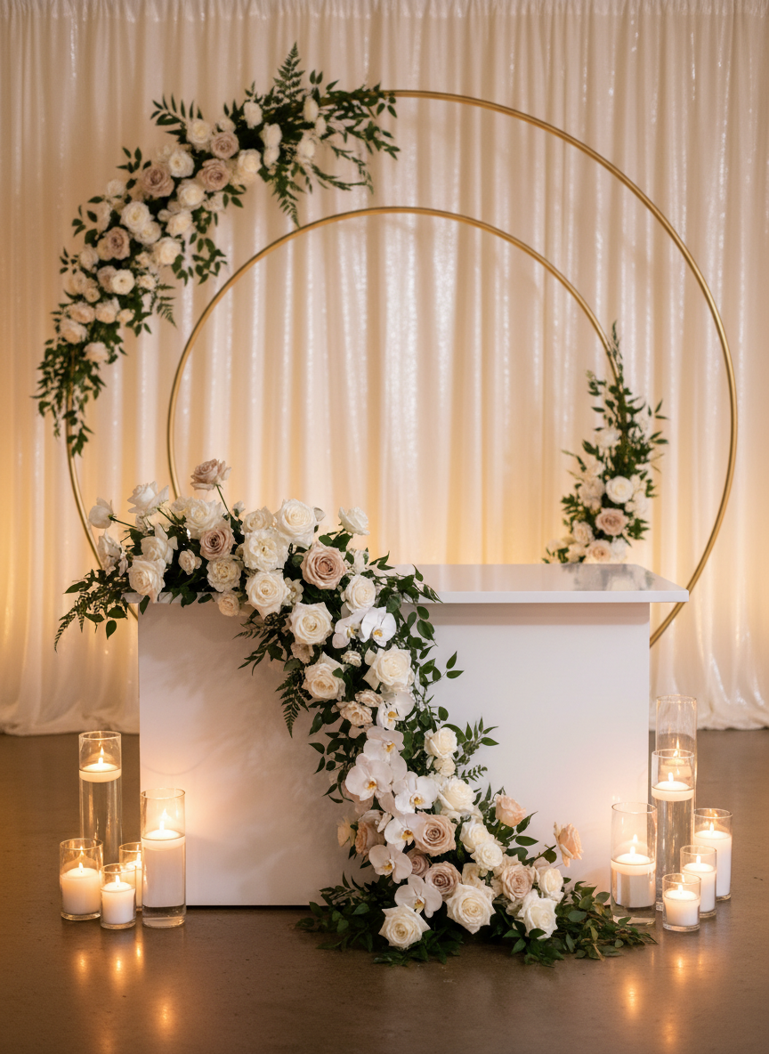 An intimate sweetheart table vignette by Timeless Decor MN, positioned in front of a softly draped ivory backdrop with a subtle shimmer. The sweetheart table is a modern, curved-front white table with a high-gloss finish, its front edge covered by a cascading arrangement of white and nude-toned roses, ranunculus, and orchids that spill onto the floor. Behind the table, a pair of oversized, minimal gold hoop structures are partially wrapped in matching florals and soft greenery, creating a layered visual frame. Clusters of pillar and floating candles in clear glass cylinders surround the base, casting warm, romantic glows. Photographic realism, shot at eye level with a shallow depth of field, focusing on the table and softly blurring the background drapery. The mood is intimate, luxurious, and meticulously styled.