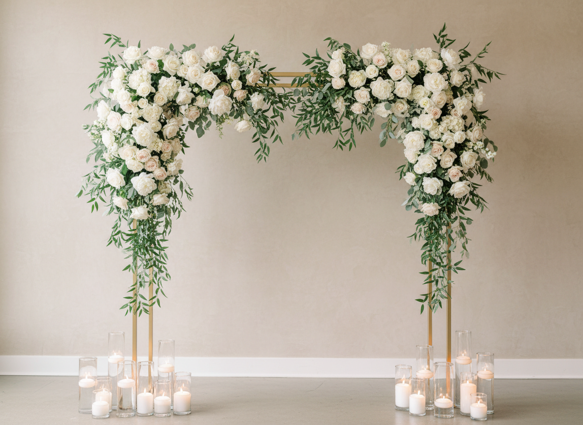 A luxurious floral-focused ceremony arch styled by Timeless Decor MN, set indoors against a neutral textured wall. The arch is a full, asymmetrical design on a sleek gold rectangular frame, overflowing with lifelike white and blush florals, including roses, peonies, and hydrangeas, intertwined with soft eucalyptus and delicate trailing greenery. At the base, clusters of clear glass vases with tall floating candles add height and warm flickering light. Soft, diffused studio lighting imitates natural daylight, creating gentle highlights on petals and metallic accents while avoiding harsh shadows. Photographic realism, composed at eye level with the arch slightly off-center following the rule of thirds, allowing negative space to the side. The mood is serene, romantic, and elevated, ideal for a luxury Minneapolis wedding brand.