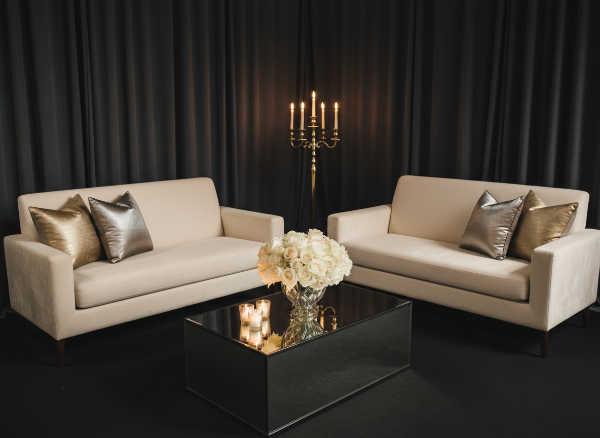 An opulent lounge vignette for a luxury event by Timeless Decor MN, set against a dark charcoal draped wall for contrast. A pair of plush cream velvet settees with clean, modern lines face a low, mirrored coffee table reflecting the décor above. On the table, a compact arrangement of white and champagne roses in a faceted crystal vase sits beside a trio of small glass votives. To one side, a tall gold floor candelabra with slender taper candles adds vertical interest and warm ambient light. Accent pillows in muted metallics introduce subtle texture. Photographic realism, captured at eye level with a medium depth of field, keeping the entire vignette in focus while letting the backdrop gently soften. The atmosphere is intimate, polished, and undeniably sophisticated.