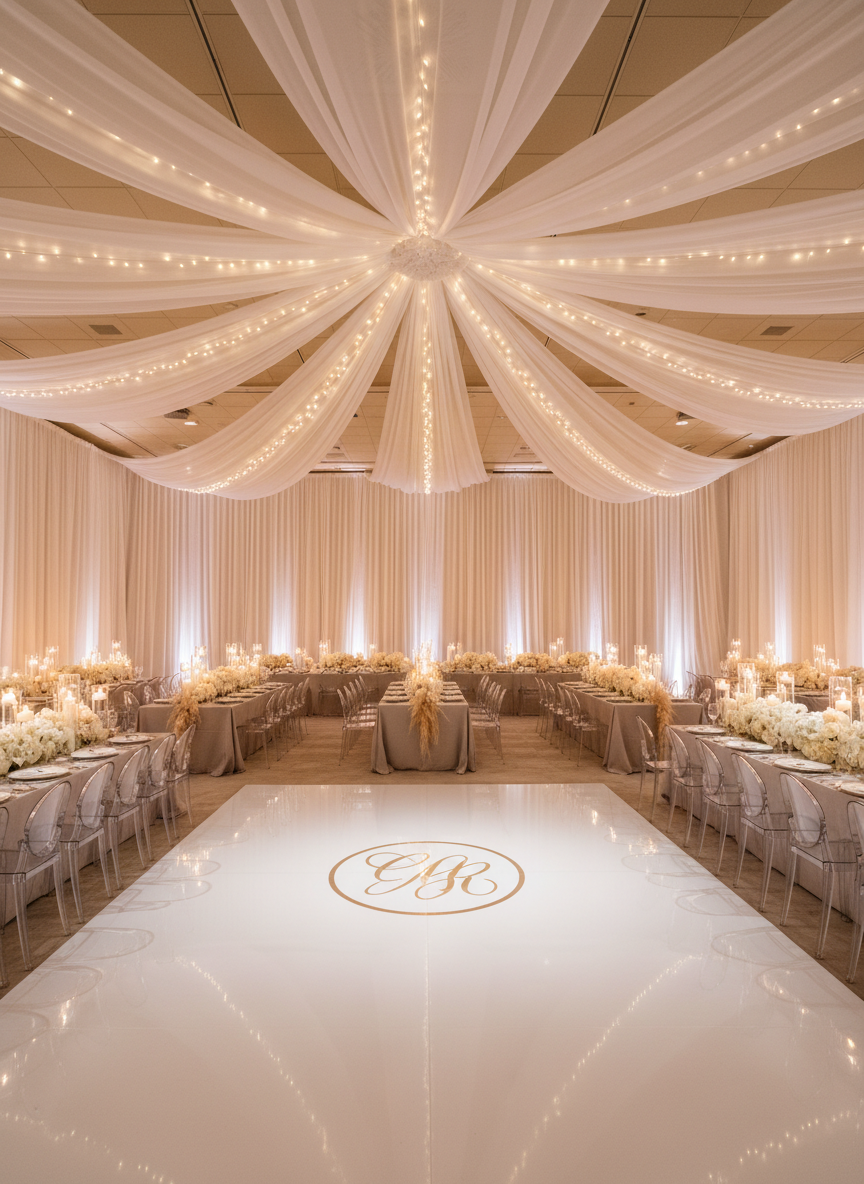 A fully styled luxury reception room transformation by Timeless Decor MN, viewed from the entrance. The space features seamless white draped walls, a glossy white dance floor with a subtle monogram in metallic gold, and ceiling installations of soft white fabric swags interwoven with warm fairy lights. Rectangular tables with pale taupe linens and ghost chairs with clear acrylic frames create a modern, airy feel. Low, lush floral arrangements in neutral tones and mixed-height candle groupings run along the table centers. Overhead pin-spot lighting highlights key décor elements, while overall lighting remains soft and warm. Photographic realism, captured from a slightly elevated wide-angle perspective, maintaining sharp focus throughout to showcase the cohesive design. The atmosphere is immersive, sophisticated, and distinctly high-end.