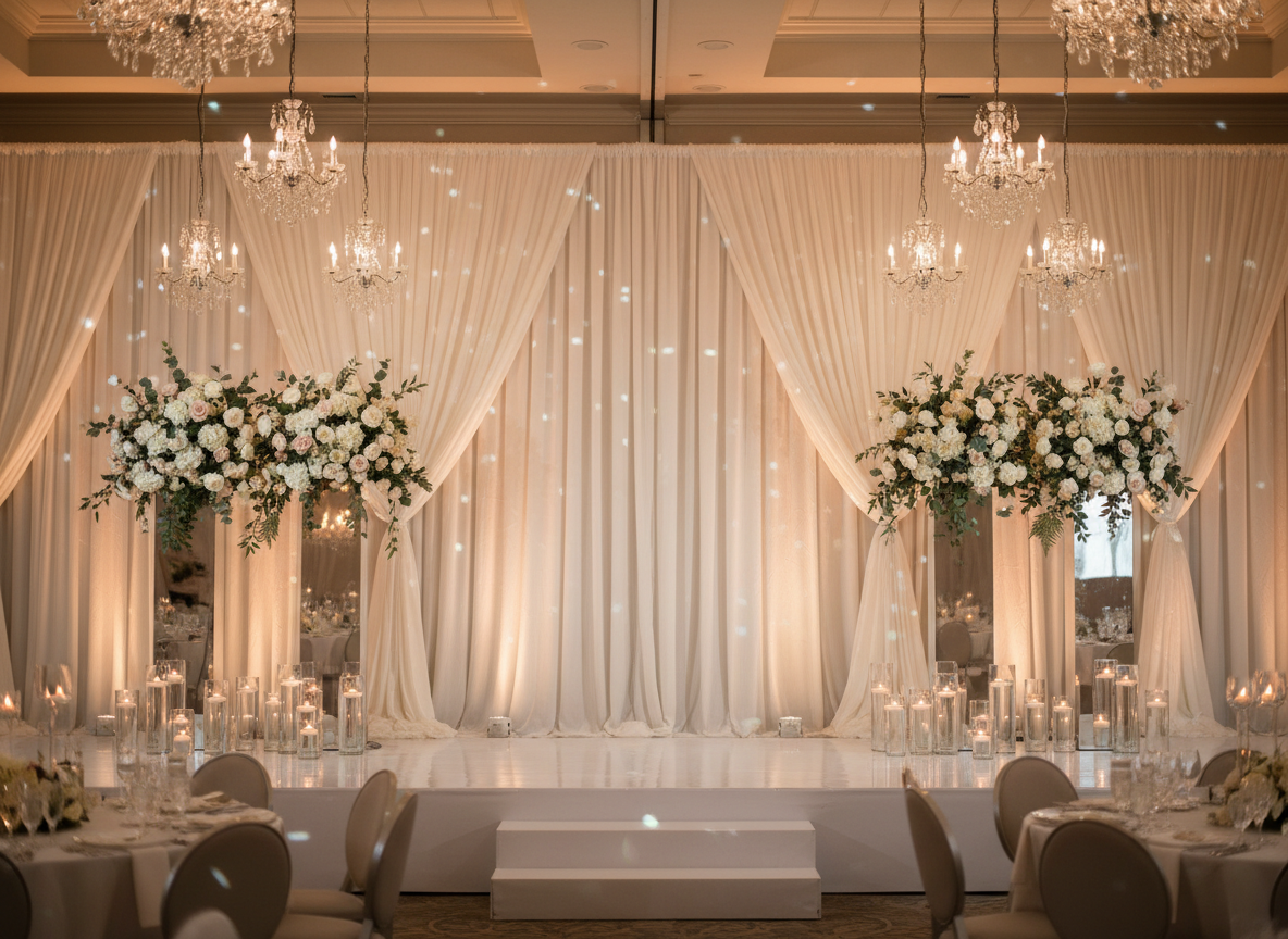 A lavish wedding reception ballroom in Minneapolis styled for Timeless Decor MN, featuring an opulent head-table stage backdrop. The backdrop is a floor-to-ceiling layering of soft ivory drapery, pleated in perfect vertical folds, framed by mirrored acrylic columns holding abundant white and blush faux florals with hints of soft greenery. Crystal-beaded chandeliers hang above, catching warm ambient lighting that creates subtle sparkles across the scene. Tall glass candle hurricanes line the stage edge, their flames casting gentle reflections on a high-gloss white stage platform. Photographic realism, shot at eye level with a slightly wide angle, showcasing the entire stage area with a shallow depth of field that softly blurs the distant tables. The mood is sophisticated, timeless, and luxurious, with a clean, modern aesthetic.