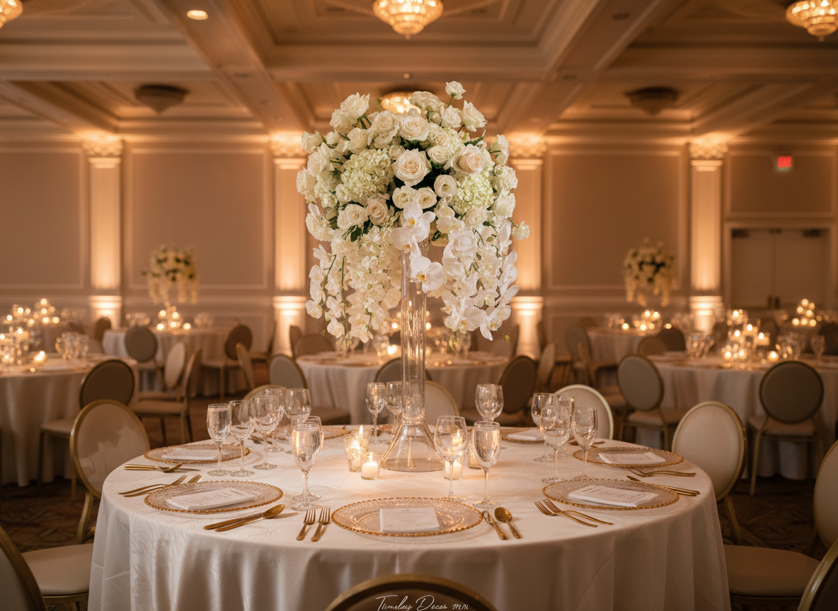 An elegantly styled round reception table designed by Timeless Decor MN, centered in a grand ballroom with soft neutral walls and high ceilings. The table is covered in a pristine, heavy ivory linen with a faint satin sheen, topped with gold-rimmed glass chargers, crystal-cut stemware, and matte gold flatware. At the center, a towering arrangement of white and champagne-toned roses, hydrangeas, and orchids rises from a sleek clear acrylic stand, surrounded by clusters of glass votive candles. Overhead, a warm golden hour-inspired lighting scheme casts a gentle glow, creating delicate highlights on glass surfaces and subtle shadows on the tablecloth. Photographic realism, shot slightly above the table using the rule of thirds, with surrounding tables softly blurred in the background. The atmosphere is refined, intimate, and undeniably luxurious.