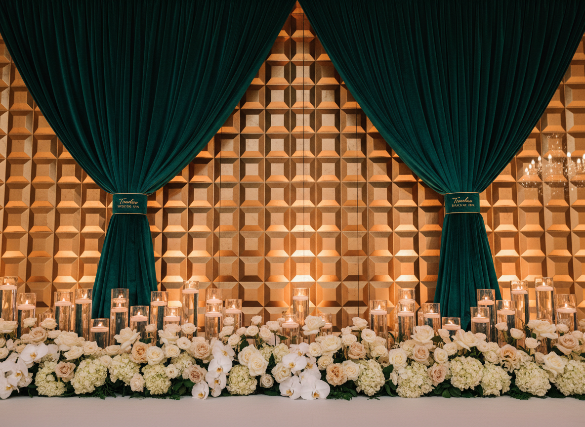 A dramatic wedding stage backdrop designed for a South Asian-inspired luxury event by Timeless Decor MN. Rich, deep emerald-green velvet drapes cascade from ceiling to floor, gathered elegantly with gold metallic tiebacks. Behind the main drape, a wall of intricate geometric gold panels adds depth and texture, catching the warm amber uplighting that creates a soft gradient of light and shadow. At stage level, lush low floral arrangements in white, cream, and soft peach spill across the front edge, interspersed with cylindrical glass candles of varying heights. Photographic realism, captured from a low-angle perspective to emphasize grandeur, with a shallow depth of field keeping the stage crisp and the distant room tastefully blurred. The mood is opulent, romantic, and regal, with a sophisticated cinematic feel.