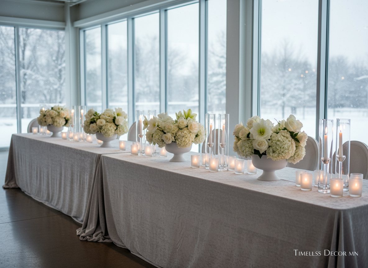 A winter-inspired luxury event design by Timeless Decor MN in a Minneapolis venue with large windows revealing a softly blurred snowy backdrop. Inside, a long banquet table is draped in a pale dove-gray velvet linen that pools gracefully at the floor. Centerpieces feature all-white florals—roses, amaryllis, and hydrangeas—arranged in matte white ceramic compotes, accented by frosted glass votives and slender crystal candlesticks with tall white taper candles. Cool, diffused daylight filters in from the windows, subtly balanced by warm candlelight, creating a sophisticated interplay of cool and warm tones. Photographic realism, shot from a three-quarter angle along the table, with foreground details in crisp focus and the snowy exterior softly out of focus. The mood is serene, modern, and seasonally elegant without feeling theme-heavy.